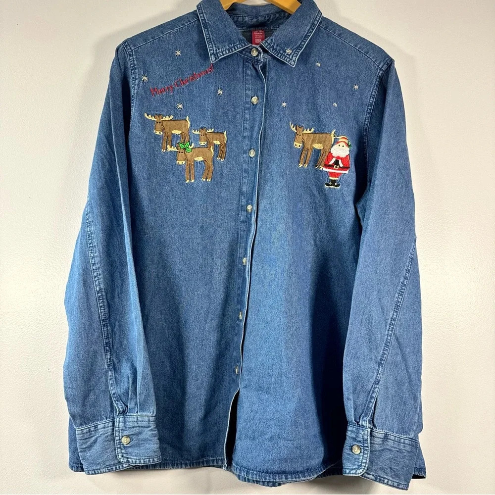 Vintage Christmas Long Sleeve Denim Woven Shirt Embroidered Santa Moose XL